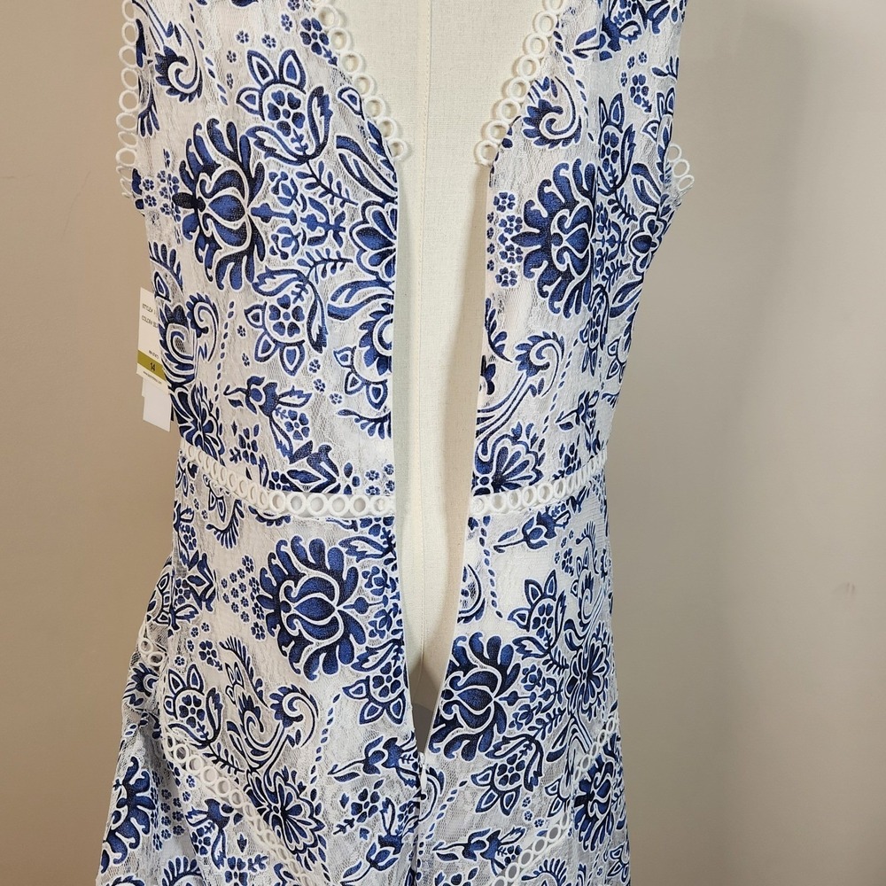 Taylor Blue White Floral Lace V-Neck Midi Dress Sleeveless Size 14 1430M Cottage - Picture 5 of 11